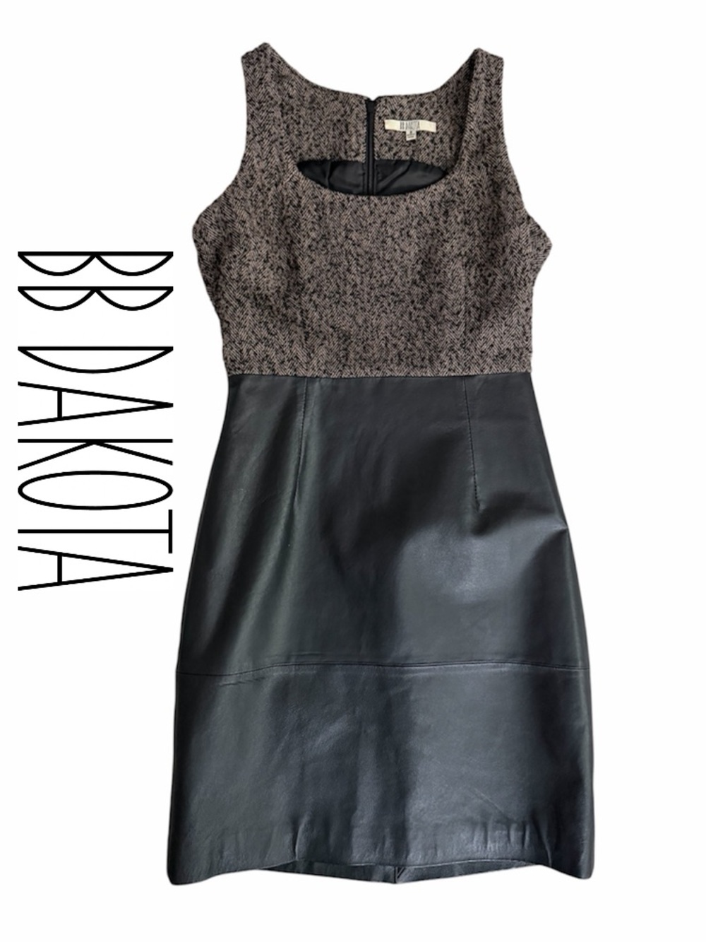 BB Dakota y2k Genuine Leather and tweed black brown color block Sheath Dress 0